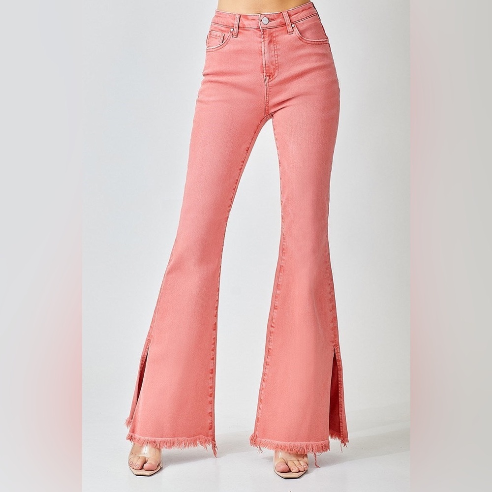 High-Waist Pink Flared Jeans with Split Hem